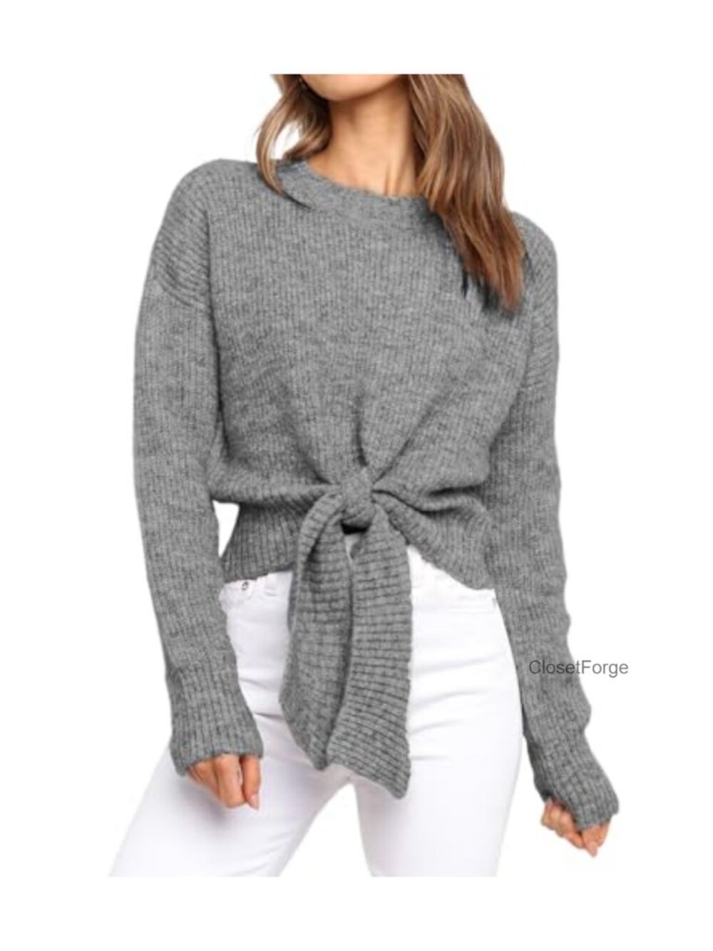 Women's Tie Front Cropped Sweater Long Sleeve Pullover Cable Knit